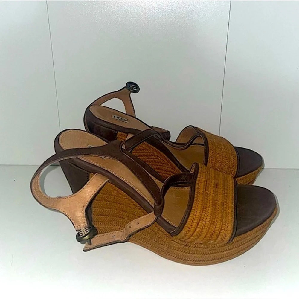 Ugg edges woven wedges brown summer wedges ankle strap heels
